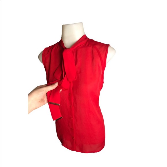 Worthington | Red Sheer Neck Tie detailing sleeveless button down blouse - Picture 3 of 9